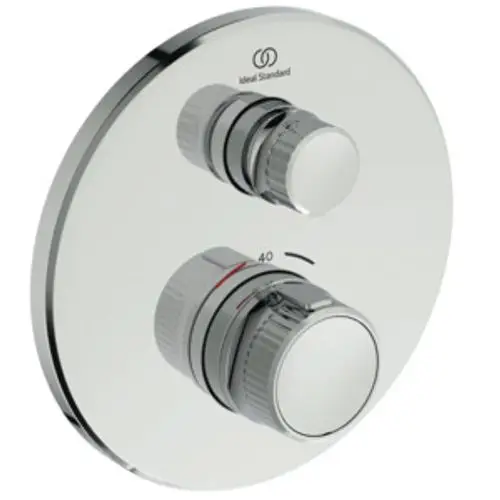 Brausethermostat von Ideal Standard mit zwei Steuerknöpfen auf runder, glänzender Oberfläche zur Temperatur- und Durchflussregulierung.